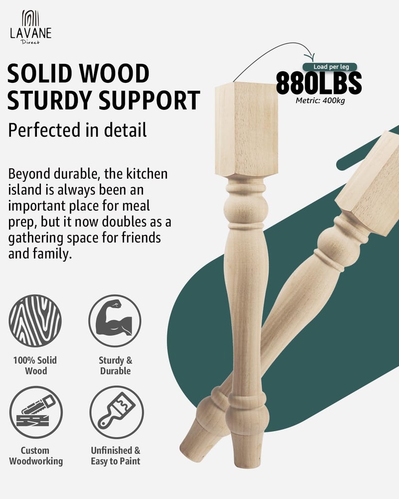 La Vane 29x3.5x3.5 inch Wooden Chunky Farmhouse Table Legs, Set of 4 Solid Wood Massive Unfinished Turned Replacement Countertop Legs Kitchen Island Cabinet Columns for Bench Coffee Table Dining Table - Image 3